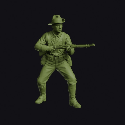 Spanish-American War US Cavalryman Dismounted with Carbine at the Ready and Campaign Hat and Blue Shirt
