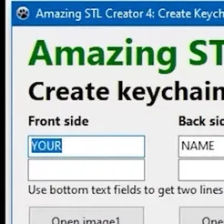 © Amazing STL Creator 4: Create Keychain Amazing STL Cre Create keychain Front side Back side lo NAME Use bottom text fields to get two lines of text Oonen imanel Onen imanea? STL file App to create keychains・3D printable design to download, Print-in-Place_Fun