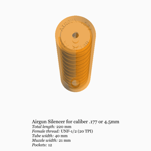 Airgun silencer (medium) with UNF 1/2 threads .177 caliber 4.5mm 3D model