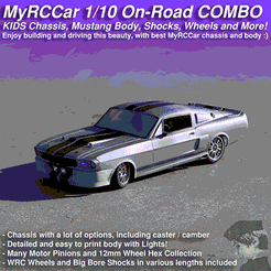 MRCC_KIDS-Mustang_Combo.gif STL file MyRCCar Complete On-Road RC Car COMBO, 1967 Mustang Body with KIDS Chassis, Wheels, Shocks, HEX and Motor Pinions・3D printable model to download