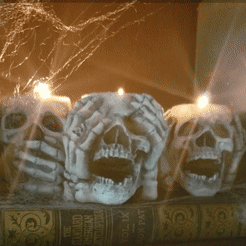 SmartSelect_20220912-130139_Gallery.gif STL file Spooky Hear See and Speak No Evil Skull Halloween Candle Holders, Decoration・Model to download and 3D print