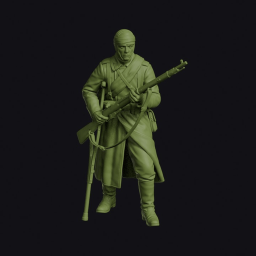 Great War Russian Infantryman with a Bandaged Head with Rifle as a Crutch and Greatcoat