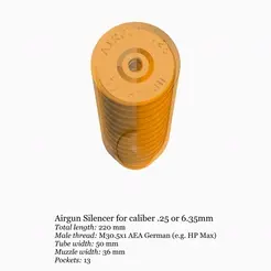 aea-challenger-635-220-50mm-4.gif Fichier STL Silencieux pour arme à air comprimé (moyen) .25 calibre 6.35mm pour AEA Challenger・Modèle à télécharger et à imprimer en 3D
