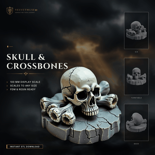 Skull & Crossbones – Gothic Tabletop Miniature | Pirate Skull Prop | 3D Print STL