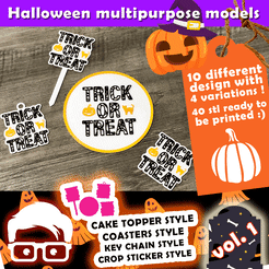 f01a-copertina.gif STL file PACK OF 10 HALLOWEEN-THEMED MULTIPURPOSE MODELS VOL. 1 (CAKE TOPPER, COASTERS, KEY CHAIN, KEYCHAIN, PENDANT AND CROP STICKER STYLES FOR OTHER PURPOSES SUCH AS WALL ART, GARLAND , PENDANT, HANGING, FRIDGE MAGNET ETC) BY AM-MEDIA・3D print model to download