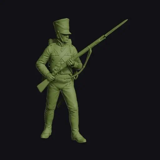 Prussian Musketeer of 1813 at Present Arms with Shako with a Cover and Blue Coat