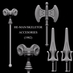 2 oe) HE-MAN/SKELETOR ACCESORIES (1982) e Archivo STL ACCESORIOS HEMAN Y SKELETOR - 1982 - HACHA ESPADA ESTRAGO BASTON HE-MAN・Modelo imprimible en 3D para descargar