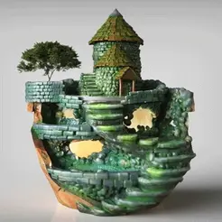 Castle-Planter.gif Stone House on the Hill Diorama painting/-castle planter-LED lighting fixture/planter