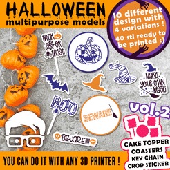 copertina.gif STL file PACK OF 10 HALLOWEEN-THEMED MULTIPURPOSE MODELS VOL. 2 (CAKE TOPPER, COASTERS, KEY CHAIN, KEYCHAIN, PENDANT AND CROP STICKER STYLES FOR OTHER PURPOSES SUCH AS WALL ART, GARLAND , PENDANT, HANGING, FRIDGE MAGNET ETC) BY AM-MEDIA・Design to download and 3D print