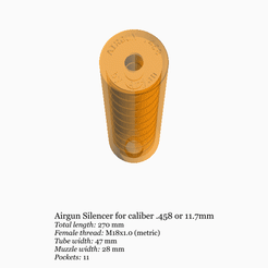m181-110-270-47mm-4.gif Download STL file Airgun silencer (long) with M18x1 threads .458 caliber 11.7mm • 3D printing template, ArjanNL