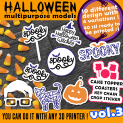 copertina.gif STL file Pack of 10 Halloween-themed multipurpose models VOL. 3 (CAKE TOPPER, COASTERS, KEY CHAIN, KEYCHAIN, PENDANT AND CROP STICKER STYLES FOR OTHER PURPOSES SUCH AS WALL ART, GARLAND , PENDANT, HANGING, FRIDGE MAGNET ETC) BY AM-MEDIA・Template to download and 3D print