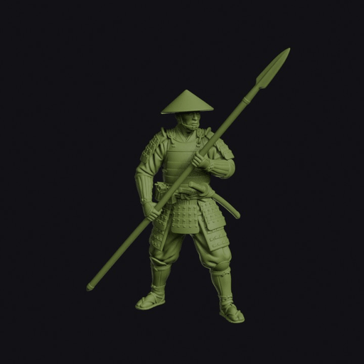 Japanese Ashigaru Pikeman with a Very Long Yari Held Vertical in Conical Jingasa
