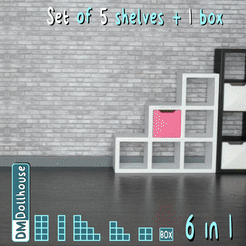 8mb_Cults_Set_Shelfs.gif STL file 1:12 Scale Miniature Shelf Unit Set of 5 with 1 Box, Bookshelves - STL File for 3D Printing, Dollhouse Furniture Model, Shelf Unit STL files・3D print design to download