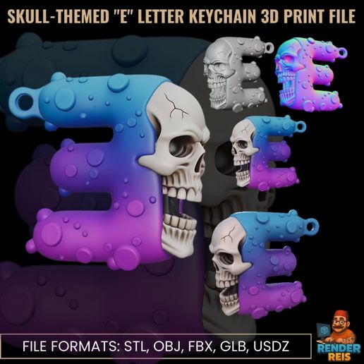 1.mp4 Skull-Themed "E" Letter Keychain 3D Print File