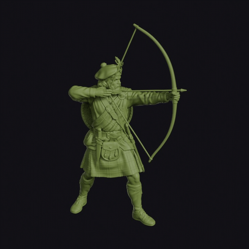 Highland Archer at Full Draw in Belted Plaid and Flat Bonnet