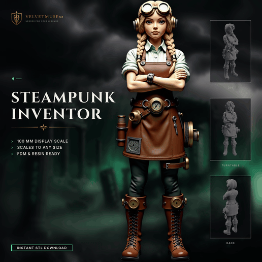 Steampunk Inventor – Goggled Engineer Bust | Mechanical Apron & Tools | 3D Print STL