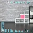 8mb_Cults_Set_Shelfs.gif 1:12 Scale Miniature Shelf Unit Set of 5 with 1 Box, Bookshelves - STL File for 3D Printing, Dollhouse Furniture Model, Shelf Unit STL files