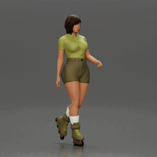 Woman in green outfit gliding smoothly on olive roller skates 3D model