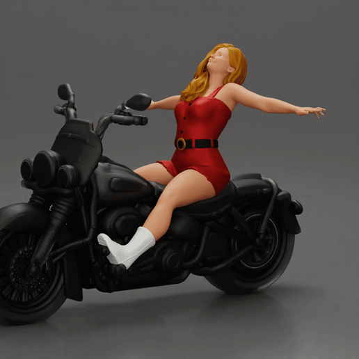 Woman in red outfit stretching arms wide while sitting on motorcycle 3D model