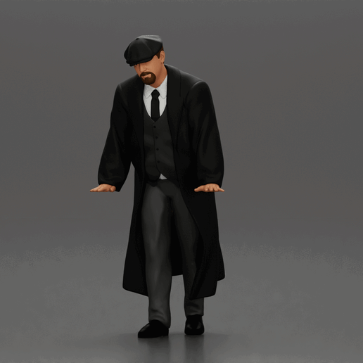 Man in black coat wearing flat cap standing with serious expression 3D model