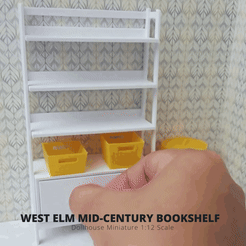 RATA TARATAT A NARNL MAW MAM IBY, vi ) A { ‘] » “/\y A WEST ELM MID-CENTURY use Miniature 1:12 Файл STL Миниатюрная книжная полка, 3D печать книжной полки для кукольного дома, книжная полка середины века для кукольного дома, 3D модель, файл 3D печати для кукольного дома・Шаблон для 3D-печати для загрузки