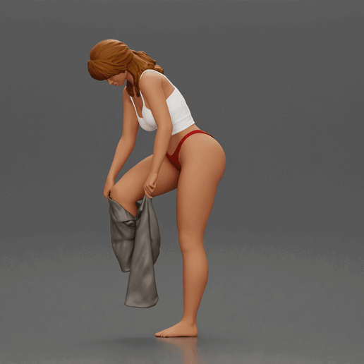 Woman in white top carefully wearing grey pants with balance 3D model