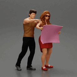 ezgif.com-gif-maker-20.gif Archivo 3D mujer de viaje en vestido que sostiene el mapa con el hombre del recorrido que señala su destinación siguiente・Plan de impresión en 3D para descargar