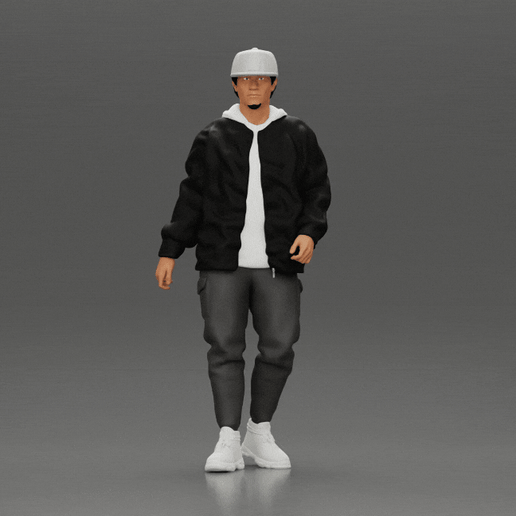 Stylish urban man walking in black jacket white hoodie cap and sneakers 3D model