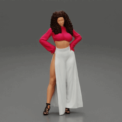 ezgif.com-gif-maker-3.gif Archivo 3D Mujeres con pelo rizado que llevan pantalones de cintura alta dividida de pierna ancha Modelo 3DPrint・Design para impresora 3D para descargar, 3DGeshaft