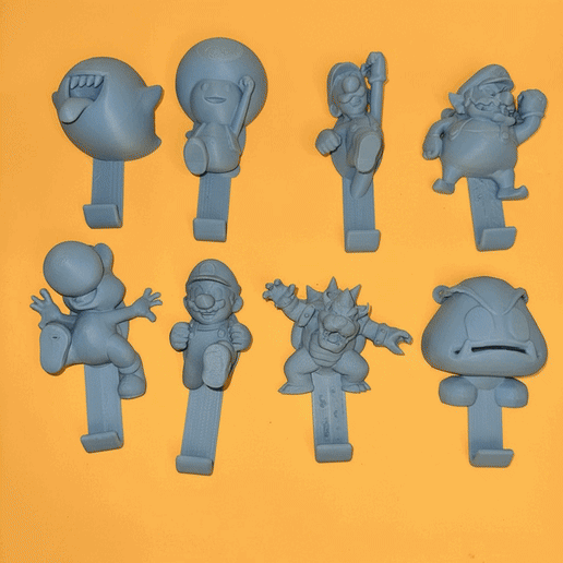 8x Super Mario coat hooks with wallmount Mario Luigi Wario Toad Bowser Boo Gumba Yoshi - 3D model önizlemesi