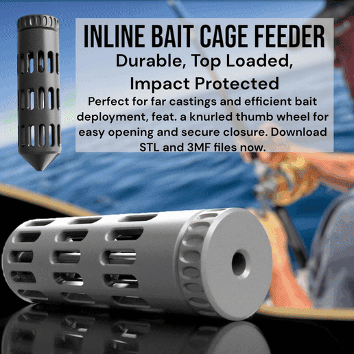 Inline-Bait-Cage-Feeder-Title_GIF.gif 3D Printable Fishing Gear: Inline Feeder Bait Cage – Top-Loaded Tackle, Impact-Protected, Far Casting
