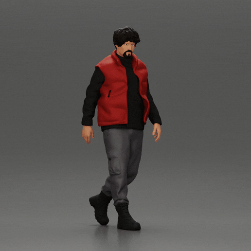 bearded man walking wearing red vest black sweater gray pants black boots 3D model